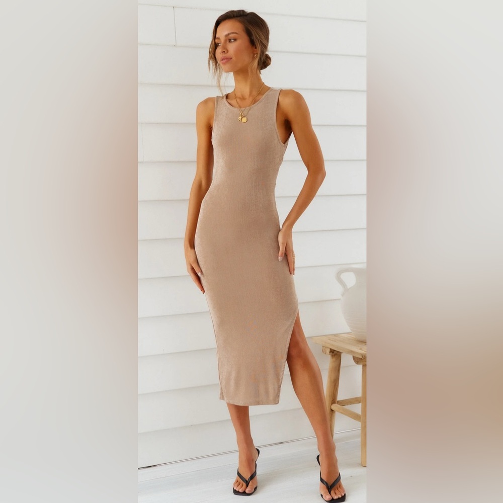 Hello Molly Tan Bodycon Midi Dress with Slit